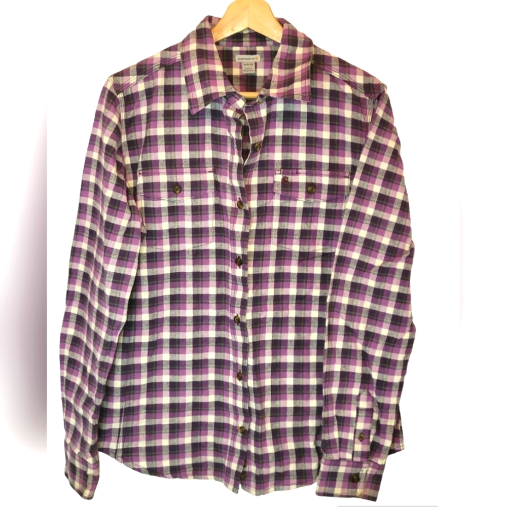 Women's Carhartt Purple Plaid Flannel Shacket Size Medium 8/10